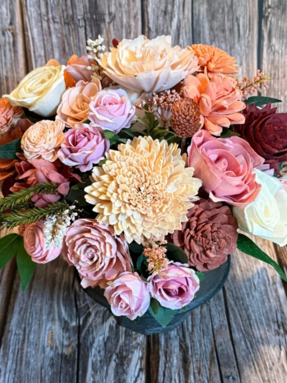 Cream Peach Burgundy Sola Wood Floral Arrangement in a compote vase home decor